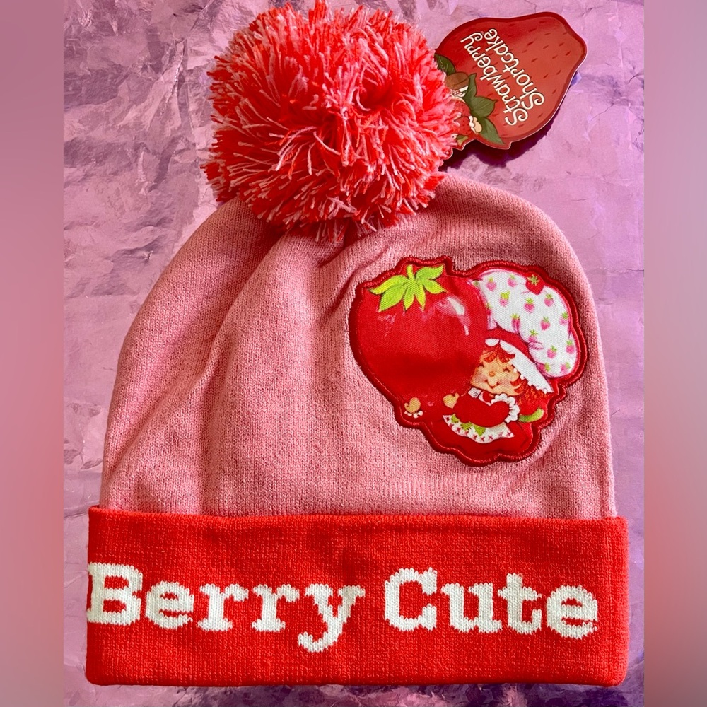 Pink & Red Strawberry Shortcake Patch Pom Beanie - 'Berry Cute'